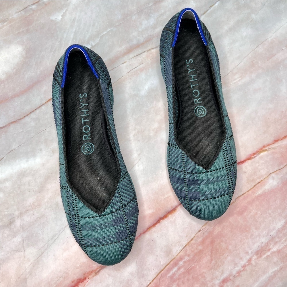 Rothy’s The Round Toe Pine Plaid Green Flats Shoes Retired 9